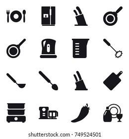 16 vector icon set : cafe, fridge, stands for knives, pan, kettle, measuring cup, whisk, ladle, big spoon, knife holder, cutting board, hot pepper, dish cleanser