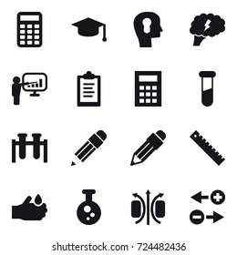 16 vector icon set : calculator, graduate hat, bulb head, brain, presentation, clipboard, pencil, ruler