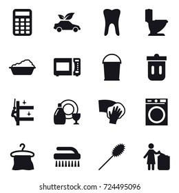 16 vector icon set : calculator, eco car, toilet, washing, bucket, trash bin, skyscrapers cleaning, dish cleanser, wiping, washing machine, hanger, brush, duster, garbage bin