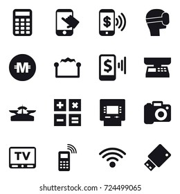 16 vector icon set : calculator, touch, phone pay, virtual mask, crypto currency, electrostatic, mobile pay, market scales, scales, atm, camera, tv