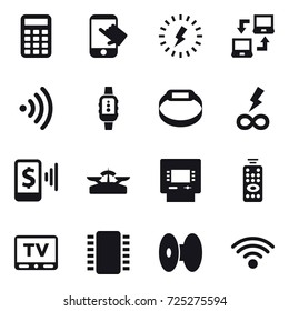 16 vector icon set : calculator, touch, lightning, notebook connect, wireless, smartwatch, smart bracelet, infinity power, mobile pay, scales, atm, remote control, tv