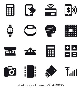 16 vector icon set : calculator, touch, tap to pay, phone pay, smartwatch, smart bracelet, virtual mask, cpu, market scales, scales, camera