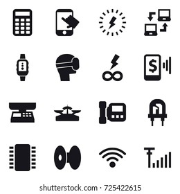 16 vector icon set : calculator, touch, lightning, notebook connect, smartwatch, virtual mask, infinity power, mobile pay, market scales, scales, intercome