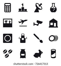16 vector icon set : calculator, pedestal, satellite antenna, round flask, tools, departure, surveillance, home, ring button, apron, big spoon, coffee seeds, flour, rabbit, cleanser powder