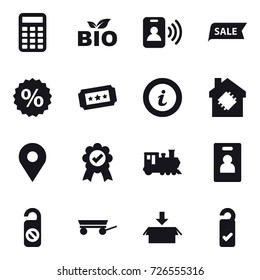 16 vector icon set : calculator, bio, pass card, sale, percent, ticket, info, smart house, train, identity card, do not distrub, trailer, package, please clean