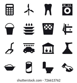 16 vector icon set : calculator, windmill, washing machine, bucket, plate washing, trash bin, skyscrapers cleaning, scoop, car wash, utility room, plunger, foam basin, cleanser powder, toilet