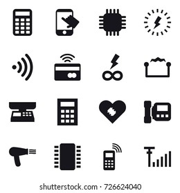 16 vector icon set : calculator, touch, chip, lightning, wireless, tap to pay, infinity power, electrostatic, market scales, intercome, hair dryer