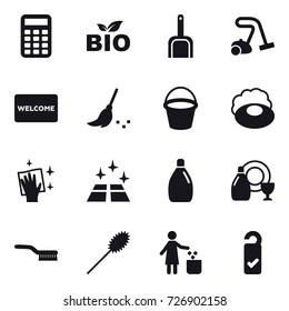 16 vector icon set : calculator, bio, scoop, vacuum cleaner, welcome mat, broom, bucket, soap, wiping, clean floor, cleanser, dish cleanser, brush, duster, garbage bin, please clean