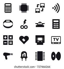 16 vector icon set : calculator, chip, notebook connect, wireless, smart bracelet, infinity power, scales, atm, tv, hair dryer