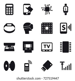 16 vector icon set : calculator, touch, chip, smartwatch, smart bracelet, virtual mask, cpu, mobile pay, market scales, atm, tv