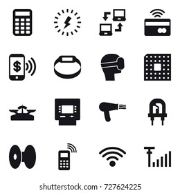 16 Vector Icon Set : Calculator, Lightning, Notebook Connect, Tap To Pay, Phone Pay, Smart Bracelet, Virtual Mask, Cpu, Scales, Atm, Hair Dryer