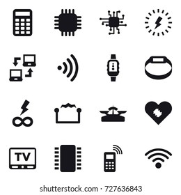 16 vector icon set : calculator, chip, lightning, notebook connect, wireless, smartwatch, smart bracelet, infinity power, electrostatic, scales, tv