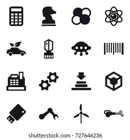 16 vector icon set : calculator, chess horse, atom core, atom, eco car, crystall  memory, ufo, barcode, cashbox, windmill, blower