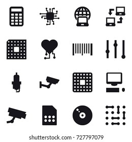 16 vector icon set : calculator, chip, notebook globe, notebook connect, cpu, cardio chip, barcode, equalizer, spark plug, surveillance