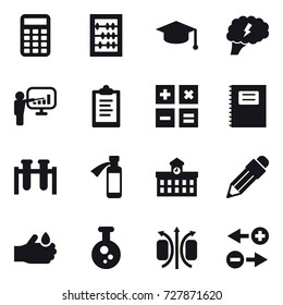 16 vector icon set : calculator, abacus, graduate hat, brain, presentation, clipboard, copybook, university, pencil