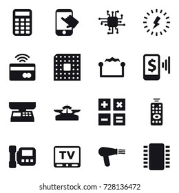 16 vector icon set : calculator, touch, chip, lightning, tap to pay, cpu, electrostatic, mobile pay, market scales, scales, remote control, intercome, tv, hair dryer