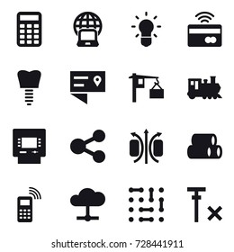 16 vector icon set : calculator, notebook globe, bulb, tap to pay, train, atm