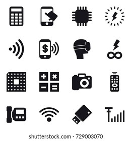 16 vector icon set : calculator, touch, chip, lightning, wireless, phone pay, virtual mask, infinity power, cpu, camera, remote control, intercome