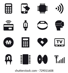 16 vector icon set : calculator, touch, chip, wireless, tap to pay, smartwatch, smart bracelet, virtual mask, crypto currency, tv