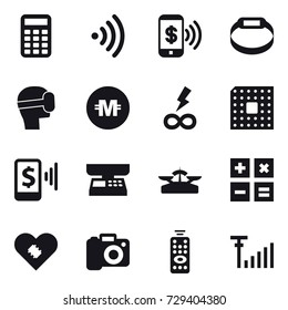 16 vector icon set : calculator, wireless, phone pay, smart bracelet, virtual mask, crypto currency, infinity power, cpu, mobile pay, market scales, scales, camera, remote control