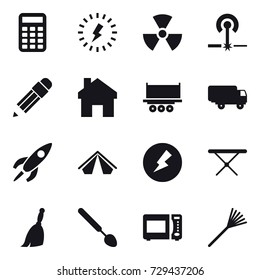 16 vector icon set : calculator, lightning, nuclear, laser, pencil, home, tent, electricity, iron board, broom, big spoon, rake