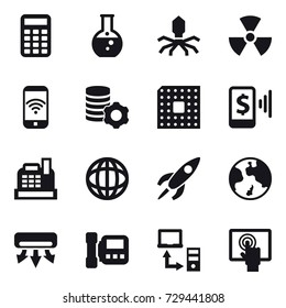16 vector icon set : calculator, round flask, virus, nuclear, phone wireless, virtual mining, cpu, mobile pay, cashbox, earth, air conditioning, intercome