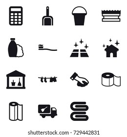 16 vector icon set : calculator, scoop, bucket, sponge, shampoo, tooth brush, clean floor, house cleaning, utility room, drying clothe, wiping, toilet paper, paper towel, home call cleaning