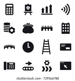 16 vector icon set : calculator, presentation, graph up, wireless, virtual mining, purse, bridge, building, stairs