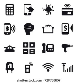 16 Vector Icon Set : Calculator, Touch, Chip, Tap To Pay, Phone Pay, Virtual Mask, Electrostatic, Mobile Pay, Scales, Intercome, Hair Dryer