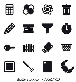 16 vector icon set : calculator, atom core, atom, bin, pencil, market scales, funnel, key, fence, colander, cutting board, big fork