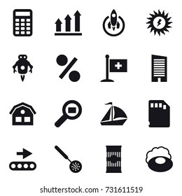 16 vector icon set : calculator, graph up, rocket, sun power, jet robot, percent, skyscraper, house, sail boat, skimmer, soap