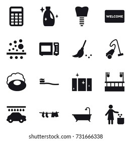 16 vector icon set : calculator, cleanser, welcome mat, broom, vacuum cleaner, soap, tooth brush, clean  window, skyscapers cleaning, car wash, drying clothe, bath, garbage bin
