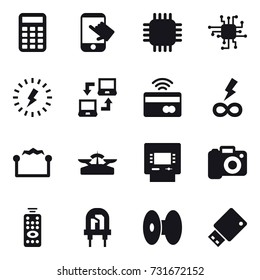 16 vector icon set : calculator, touch, chip, lightning, notebook connect, tap to pay, infinity power, electrostatic, scales, atm, camera, remote control
