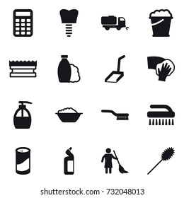 16 vector icon set : calculator, sweeper, foam bucket, sponge, shampoo, scoop, wiping, liquid soap, foam basin, brush, cleanser powder, toilet cleanser, brooming, duster