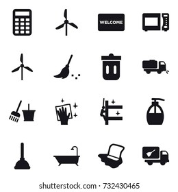 16 vector icon set : calculator, windmill, welcome mat, broom, trash bin, sweeper, bucket and broom, wiping, skyscrapers cleaning, liquid soap, plunger, bath, floor washing, home call cleaning