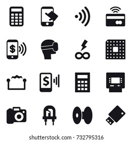 16 Vector Icon Set : Calculator, Touch, Wireless, Tap To Pay, Phone Pay, Virtual Mask, Infinity Power, Cpu, Electrostatic, Mobile Pay, Atm, Camera