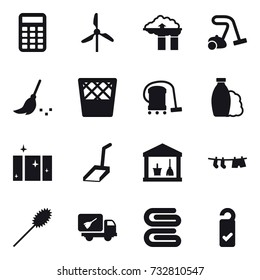 16 vector icon set : calculator, windmill, factory filter, vacuum cleaner, broom, trash bin, shampoo, clean  window, scoop, utility room, drying clothe, duster, home call cleaning, stack of towels