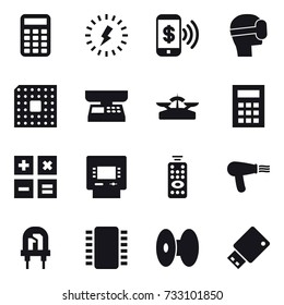 16 vector icon set : calculator, lightning, phone pay, virtual mask, cpu, market scales, scales, atm, remote control, hair dryer