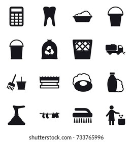 16 vector icon set : calculator, washing, bucket, garbage bag, trash bin, sweeper, bucket and broom, sponge, soap, shampoo, plunger, drying clothe, brush, garbage bin