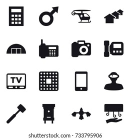 16 vector icon set : calculator, houses, hangare, camera, intercome, tv, meat hammer, hive, hard reach place cleaning, hand dryer