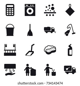 16 vector icon set : calculator, washing machine, rag, bucket, broom, sweeper, vacuum cleaner, skyscapers cleaning, scoop, sponge with foam, toilet cleanser, hand dryer, garbage bin