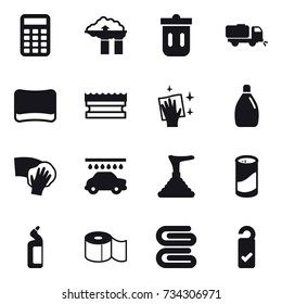 16 vector icon set : calculator, factory filter, trash bin, sweeper, sponge, wiping, cleanser, car wash, plunger, cleanser powder, toilet cleanser, toilet paper, stack of towels, please clean