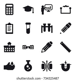 16 vector icon set : calculator, graduate hat, presentation, electrostatic, clipboard, pencil, university, school, ruler