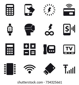 16 Vector Icon Set : Calculator, Touch, Lightning, Tap To Pay, Smartwatch, Virtual Mask, Infinity Power, Mobile Pay, Intercome, Tv