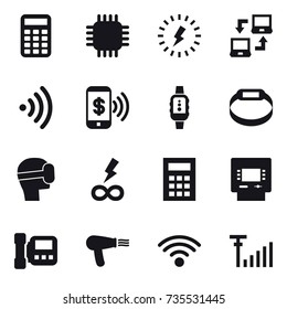16 vector icon set : calculator, chip, lightning, notebook connect, wireless, phone pay, smartwatch, smart bracelet, virtual mask, infinity power, atm, intercome, hair dryer