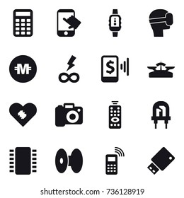 16 vector icon set : calculator, touch, smartwatch, virtual mask, crypto currency, infinity power, mobile pay, scales, camera, remote control