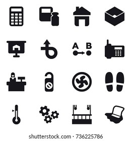 16 vector icon set : calculator, scales weight, home, box, presentation, reception, do not distrub, cooler fan, slippers, thermometer, gears, skyscapers cleaning, floor washing