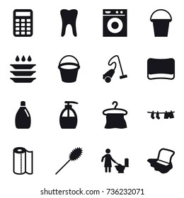 16 vector icon set : calculator, washing machine, bucket, plate washing, vacuum cleaner, sponge, cleanser, liquid soap, hanger, drying clothe, paper towel, duster, toilet cleaning, floor washing