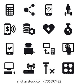 16 vector icon set : calculator, molecule, phone wireless, hoverboard, phone pay, virtual mining, mobile checking, toaster