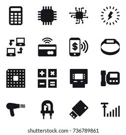 16 vector icon set : calculator, chip, lightning, notebook connect, tap to pay, phone pay, smart bracelet, cpu, atm, intercome, hair dryer